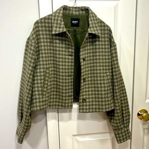 Oat New York Cropped Plaid Jacket Pockets Green/Cream Plaid Size S LIGHTLY USED